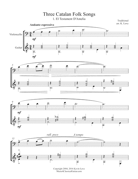 Free Sheet Music Three Catalan Folk Songs Cello And Guitar Score And Parts