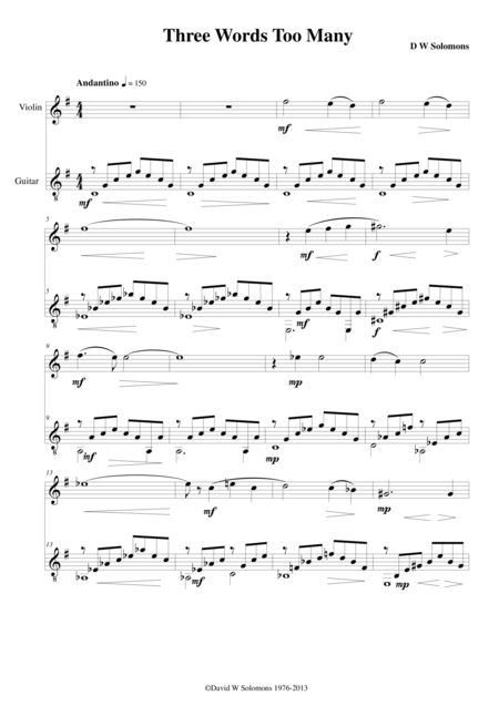 Free Sheet Music Three Words Too Many For Violin And Guitar