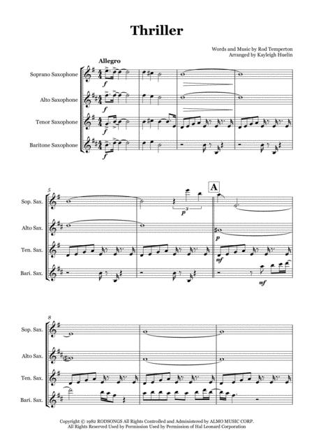 Thriller By Michael Jackson Saxophone Quartet Satb Sheet Music