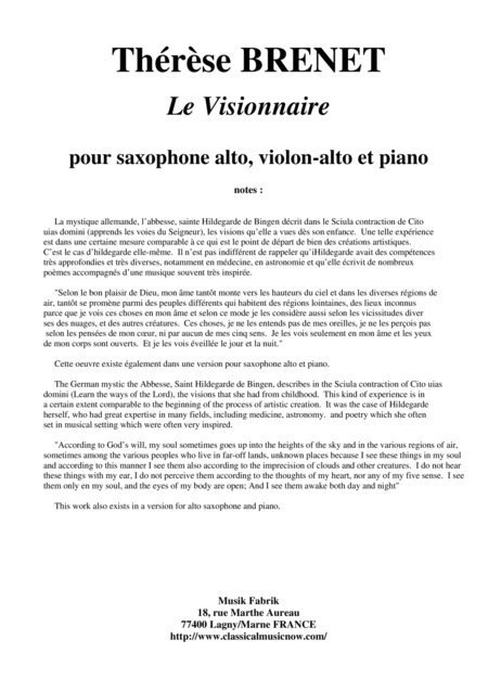 Free Sheet Music Thrse Brenet Le Visionnaire For Alto Saxophone Viola And Piano