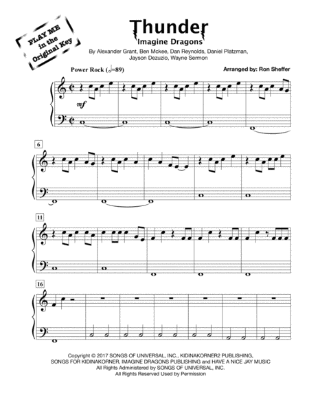 Thunder Imagine Dragons Easy Piano Play Me In The Original Key Sheet Music