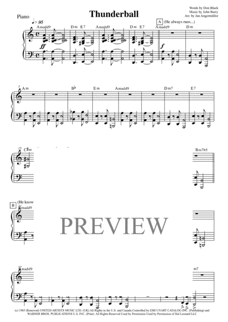 Thunderball Piano Transcription Of Original Tom Jones Recording For James Bond A Minor Sheet Music