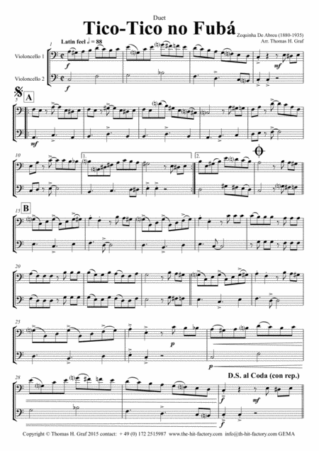 Free Sheet Music Tico Tico No Fub Choro Duet Cello