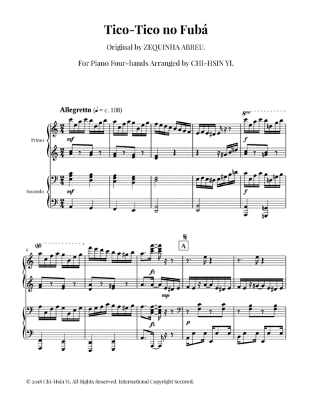 Free Sheet Music Tico Tico No Fub Piano 4 Hands