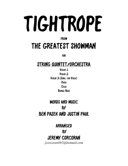 Tightrope From The Greatest Showman For String Quintet Orchestra Sheet Music