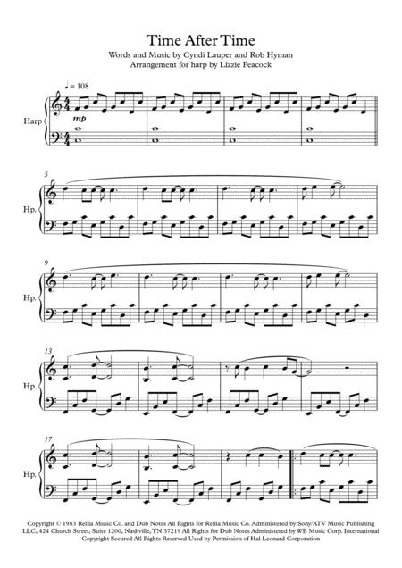 Time After Time Harp Solo Sheet Music