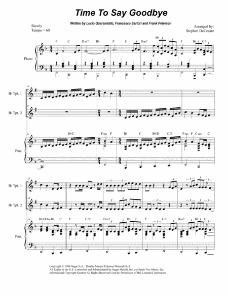 Free Sheet Music Time To Say Goodbye Duet For Bb Trumpet