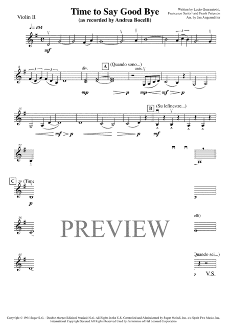 Free Sheet Music Time To Say Goodbye Violin 2 Play A Long The Violin 2 Part With The Andrea Bocelli Recording