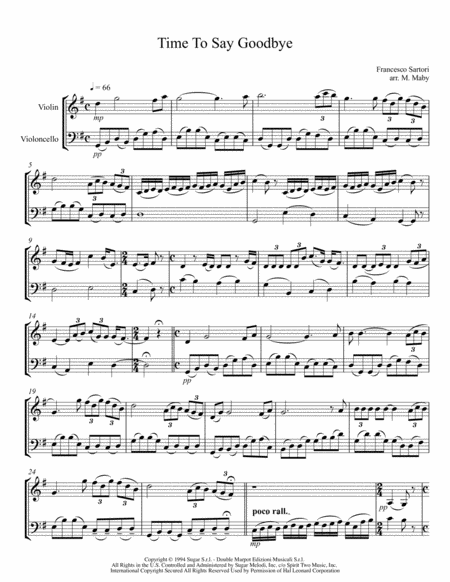 Time To Say Goodbye Violin Cello Duet Sheet Music