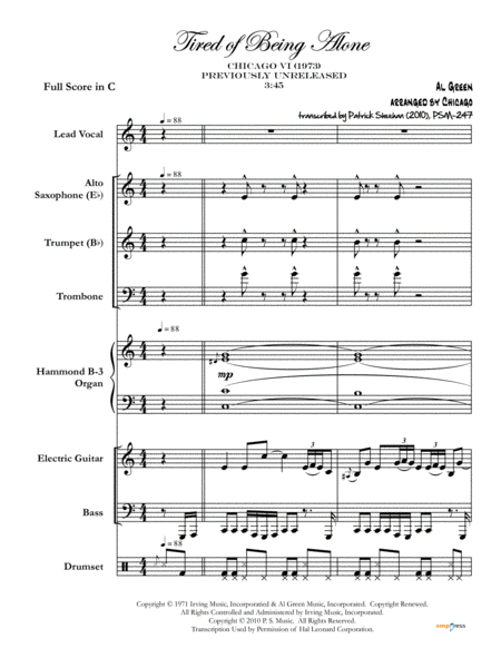 Tired Of Being Alone Al Green Arranged By Chicago Complete Score Sheet Music