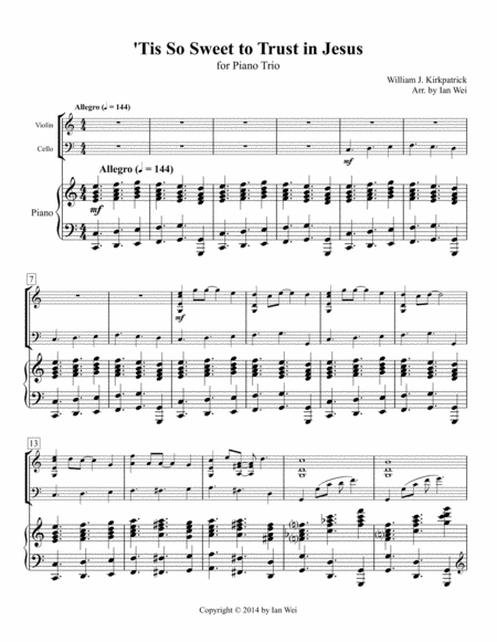 Free Sheet Music Tis So Sweet To Trust In Jesus For Piano Trio