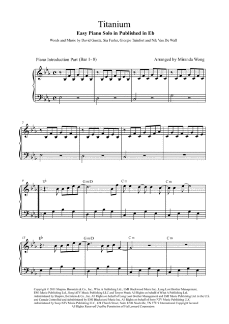 Free Sheet Music Titanium Easy Intermediate Piano Solo In Published Eb Key 2 Different Levels Version