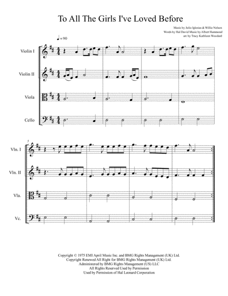 To All The Girls I Ve Loved Before String Quartet Sheet Music