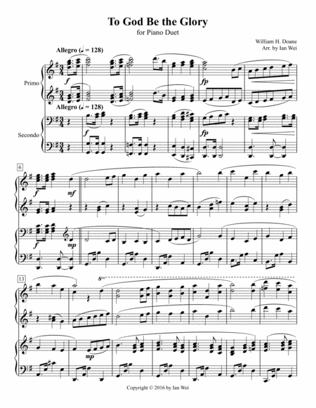 To God Be The Glory For Piano Duet Sheet Music