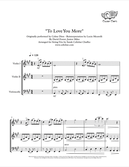 Free Sheet Music To Love You More String Trio 2 Violins Cello Celine Dion Lucia Micarelli Arr Cellobat