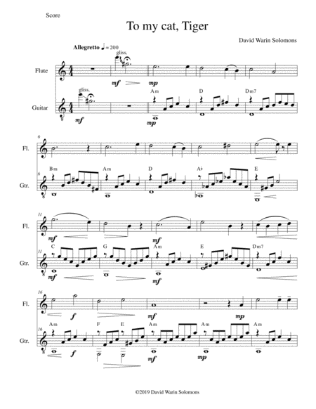 Free Sheet Music To My Cat Tiger For Flute And Guitar