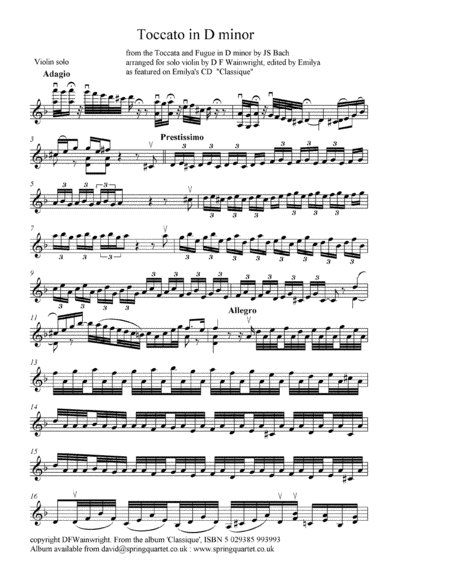 Toccata In D Minor From The Bach Toccata Fugue Arranged For Solo Violin Sheet Music