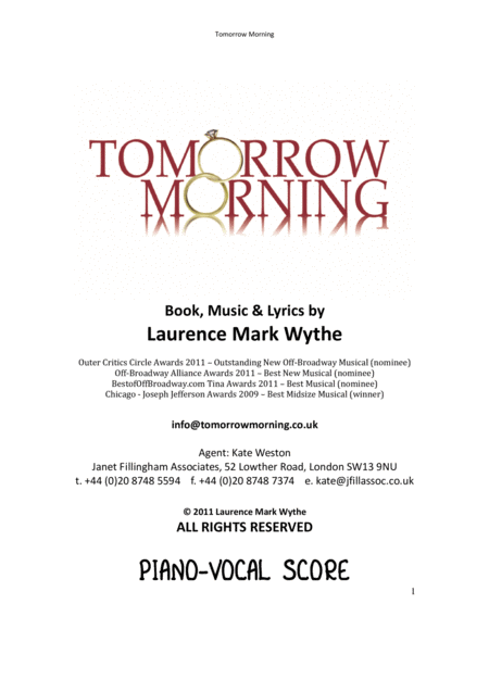 Tomorrow Morning Piano Vocal Score Sheet Music