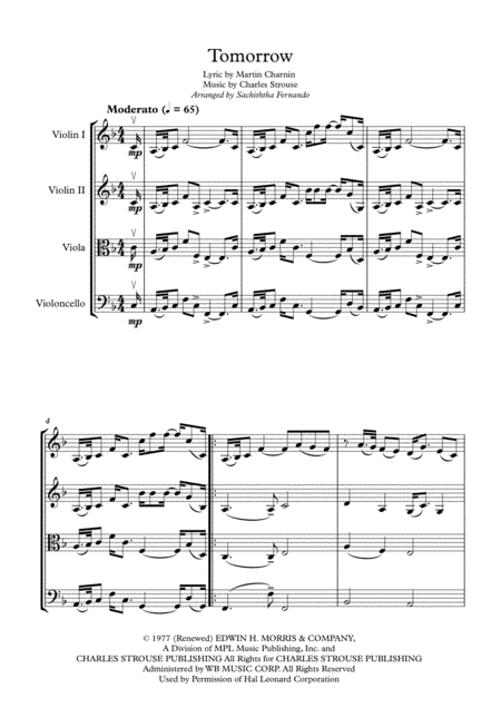 Tomorrow String Quartet Sheet Music