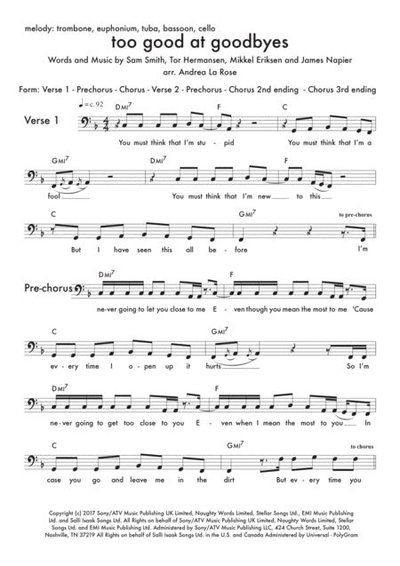 Free Sheet Music Too Good At Goodbyes Lead Sheet For C Instruments Bass Clef