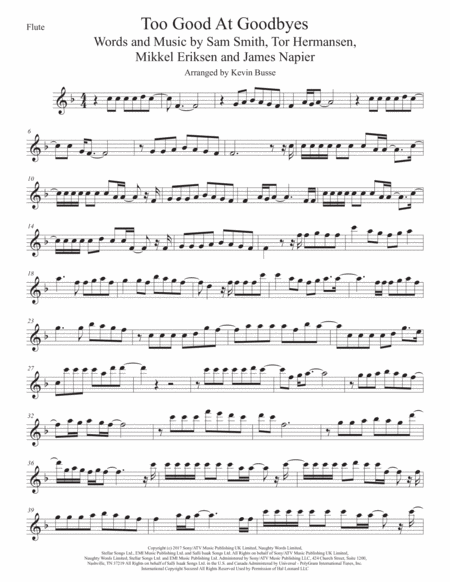 Too Good At Goodbyes Original Key Flute Sheet Music