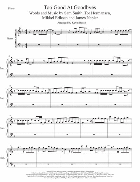 Free Sheet Music Too Good At Goodbyes Original Key Piano