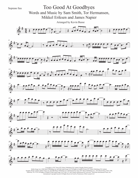 Free Sheet Music Too Good At Goodbyes Original Key Soprano Sax