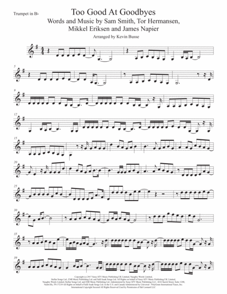 Too Good At Goodbyes Original Key Trumpet Sheet Music