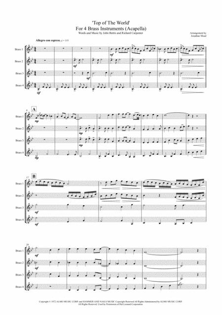 Free Sheet Music Top Of The World 4 Part Acapella Arrangement For 4 Brass Instruments