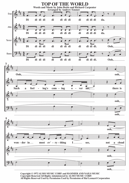 Free Sheet Music Top Of The World A Cappella