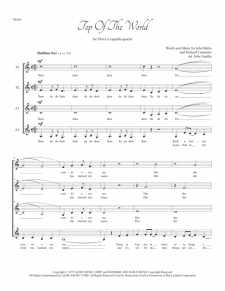 Top Of The World Carpenters Ssaa A Cappella Quartet Sheet Music