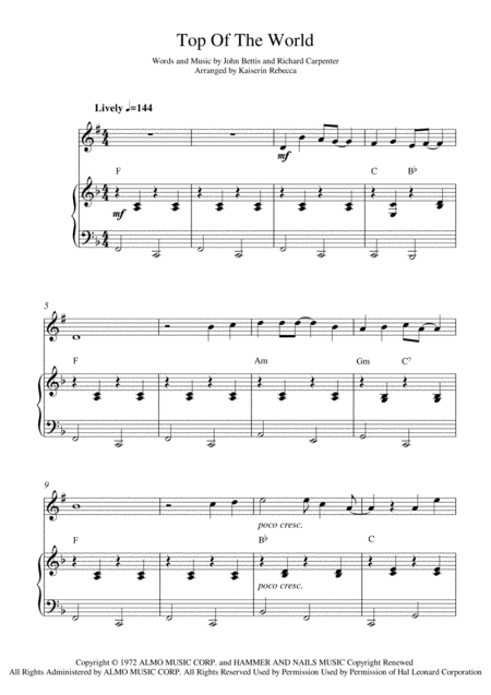 Free Sheet Music Top Of The World Trumpet In B Flat Solo And Piano Accompaniment