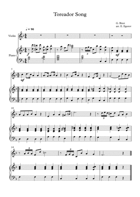 Free Sheet Music Toreador Song Georges Bizet For Violin Piano