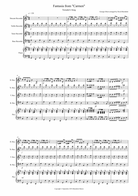 Free Sheet Music Toreadors Song Fantasia From Carmen For Recorder Quartet