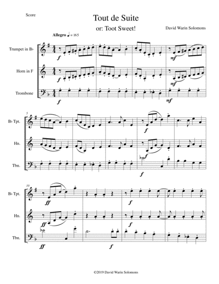 Free Sheet Music Tout De Suite Or Toot Sweet For Brass Trio