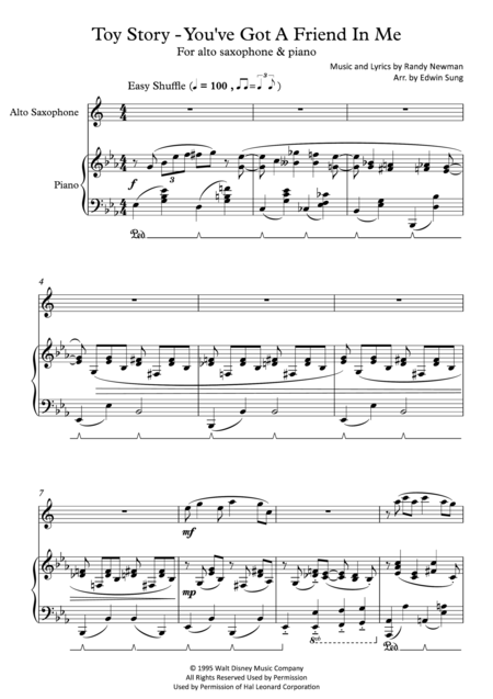 Free Sheet Music Toy Story You Ve Got A Friend In Me For Alto Saxophone And Piano Including Part Score