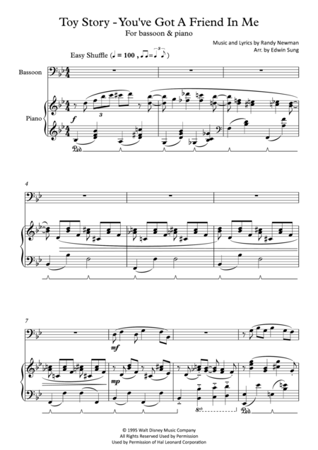 Toy Story You Ve Got A Friend In Me For Bassoon And Piano Including Part Score Sheet Music