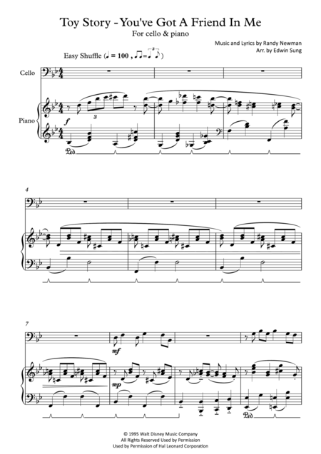 Toy Story You Ve Got A Friend In Me For Cello And Piano Including Part Score Sheet Music