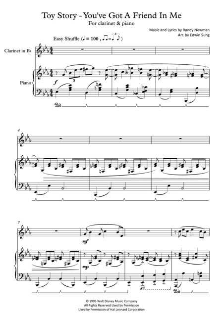 Free Sheet Music Toy Story You Ve Got A Friend In Me For Clarinet And Piano Including Part Score