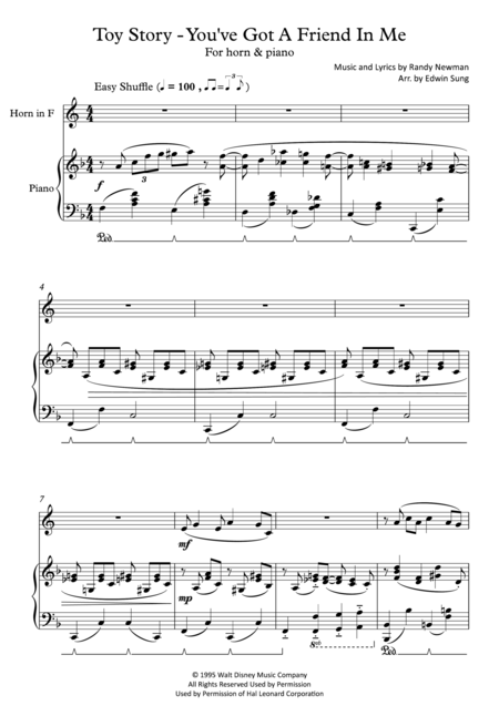 Toy Story You Ve Got A Friend In Me For Horn And Piano Including Part Score Sheet Music