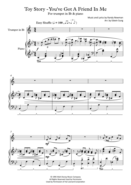 Toy Story You Ve Got A Friend In Me For Trumpet And Piano Including Part Score Sheet Music