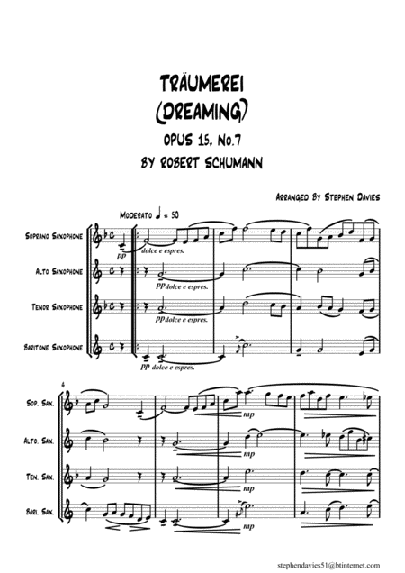 Traumerei Dreaming Op 15 No 7 By Robert Schumann For Saxophone Quartet Sheet Music