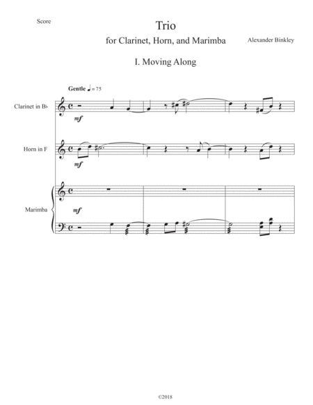 Trio For Clarinet Horn And Marimba Sheet Music