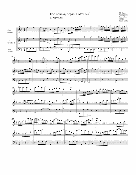 Trio Sonata For Organ No 6 Bwv 530 Arrangement For 3 Recorders Sheet Music