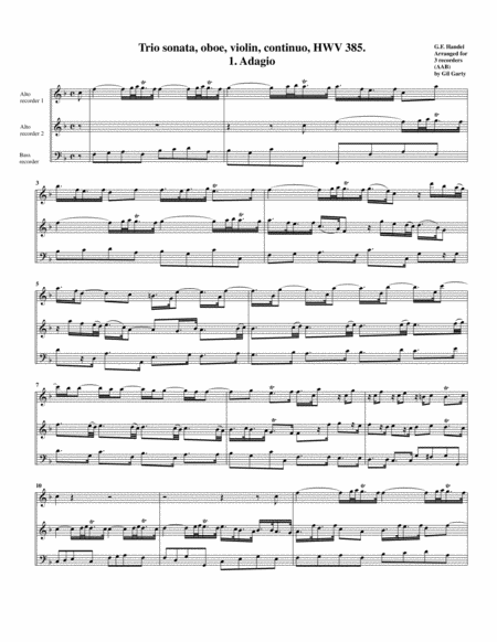 Trio Sonata Hwv 385 Arrangement For 3 Recorders Sheet Music