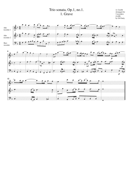 Free Sheet Music Trio Sonata Op 1 No 1 Arrangement For 3 Recorders
