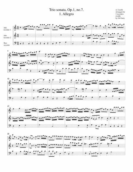 Trio Sonata Op 1 No 7 Arrangement For 3 Recorders Sheet Music