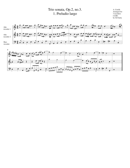 Trio Sonata Op 2 No 3 Arrangement For 3 Recorders Sheet Music