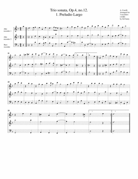 Trio Sonata Op 4 No 12 Arrangement For 3 Recorders Sheet Music