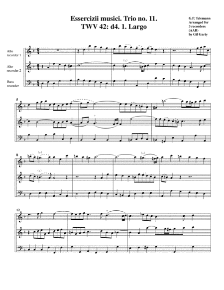 Trio Sonata Twv 42 D4 Essercizii Musici Trio No 11 Arrangement For 3 Recorders Sheet Music